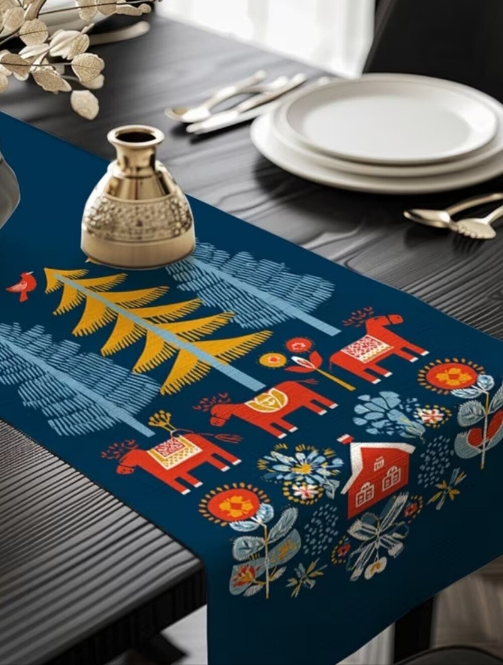 New Christmas Table Runner Dala Dalarna Horse Swedish Scandinavian Folk Art